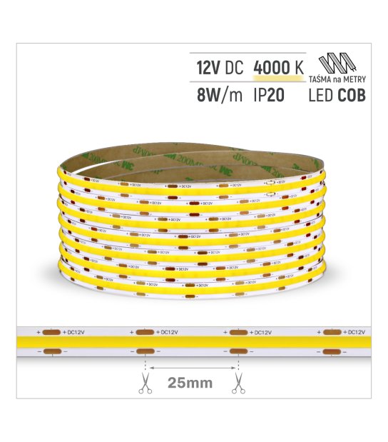 TAŚMA ROL. COB 320LED/MB IP20 4000K 8W/mb 12V/DC ROL.30M