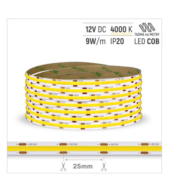 TAŚMA ROL. COB 480LED/MB IP20 4000K 9W/mb 12V/DC ROL.30M