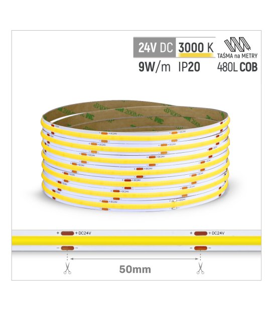 TAŚMA ROL. COB 480LED/MB IP20 3000K 9W/mb 24V/DC ROL.30M