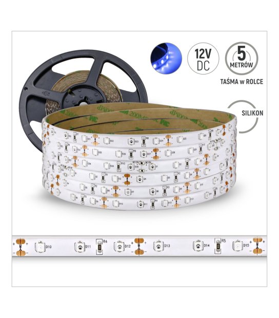 TAŚMA 60LED 3528 5mb 12V silik. niebieski 4,8W 5mb rolka