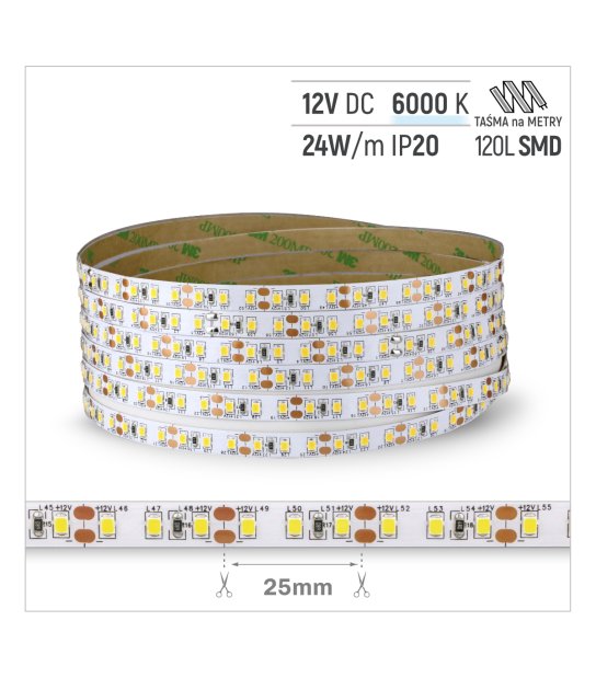 TAŚMA ROL.120LED 12V/DC 2835 IP20 6000K 24W/mb 20-22LM CRI90