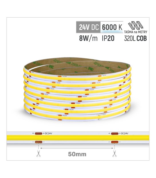 TAŚMA ROL. COB 320LED/MB IP20 6000K 8W/mb 24V/DC ROL.30M