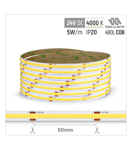 TAŚMA ROL. COB 480LED/MB IP20 4000K 5W/mb 24V/DC ROL.30M