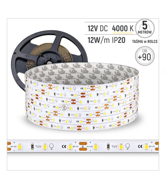 TAŚMA 60LED 12V/DC 2835 /5mb/ 4000K 12W/mb IP20 CRI90+ 3 lat