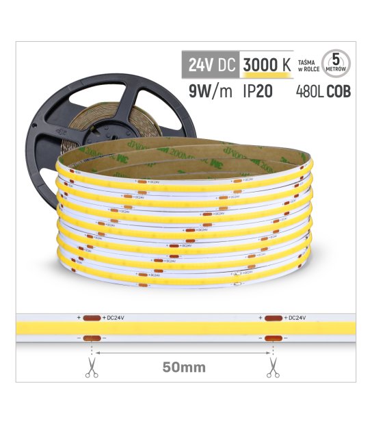 TAŚMA COB 480LED/mb 9W/mb. rol.5mb 3000K IP20 24V/DC