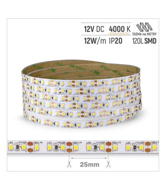 TAŚMA ROL.120LED 12V/DC 2835 IP20 4000K 12W/mb 10-12LM CRI90